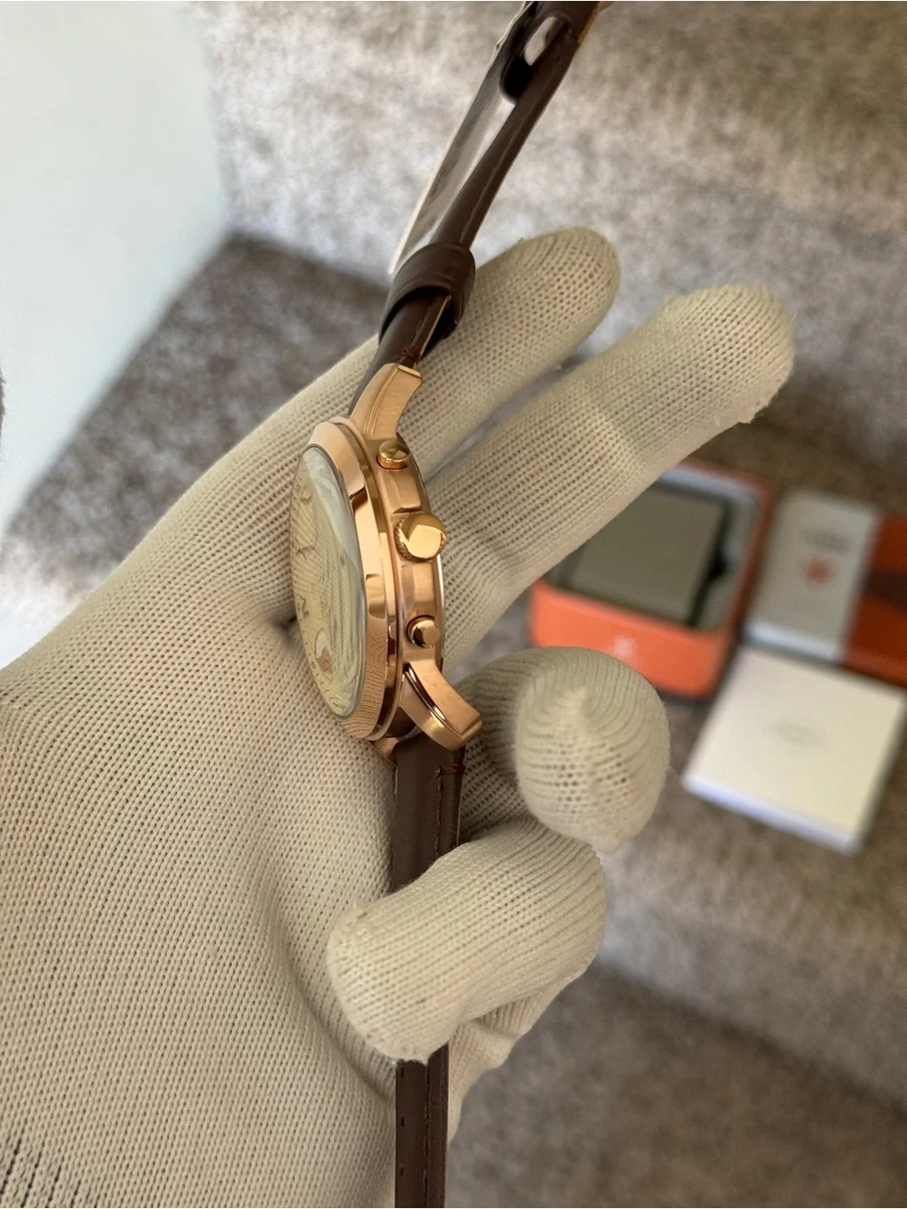 Fossil Rose Gold and Brown Leather Chronograph Watch Mens